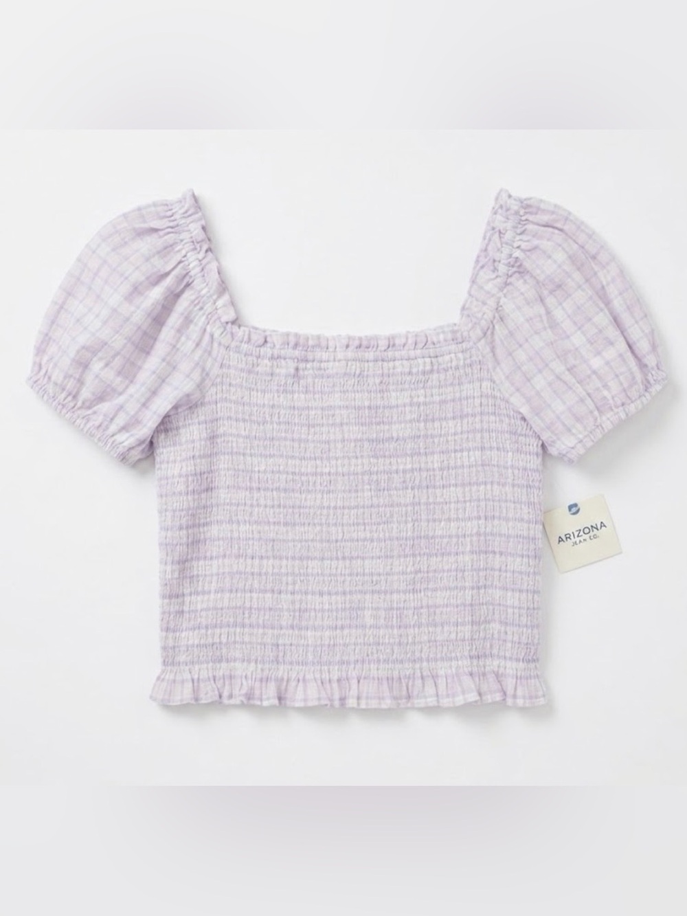 Lilac Smocked Puff Sleeve Crop Top Purple Plaid Large Arizona Jean Company